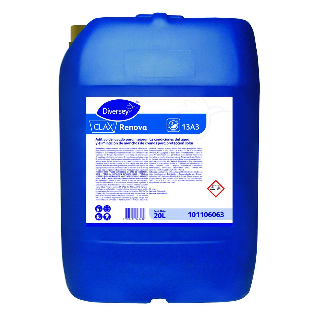 CLAX RENOVA 20L - Aditivo de lavado para mejorar las condiciones de agua y eliminación de manchas de cremas solares
